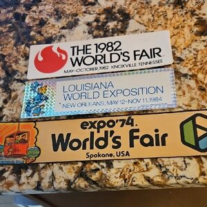 Vintage set of 3 World's Fair and Exposition Bumper Stickers